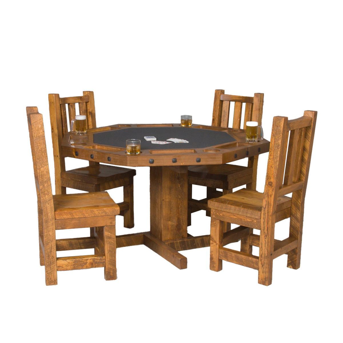 Barnwood Poker Table with our barnwood chairs in Honey Pine finish