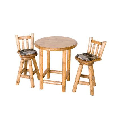 Log Pub Table alongside our matching Upholstered Log Bar Stools in Honey Pine Finish